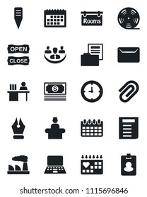 Set of vector isolated black icon - reception vector, notebook pc, document, calendar, factory, plant label, medical, cash, clock, reel, company, paper clip, folder, ink pen, manager desk, mail