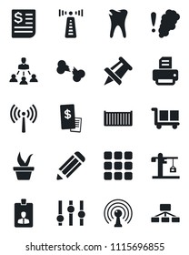 Set of vector isolated black icon - antenna vector, identity card, drawing pin, pencil, printer, seedling, caries, broken bone, cargo container, receipt, settings, menu, hierarchy, crane, restaurant