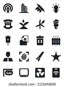 Set of vector isolated black icon - saw vector, bird house, tv, estate document, sold signboard, office building, agent, children room, heater, rolling pin, fingerprint, fan, irrigation, wireless