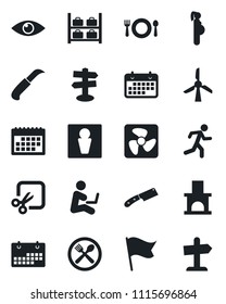 Set of vector isolated black icon - male vector, luggage storage, garden knife, fireplace, run, eye, pregnancy, signpost, term, cut, calendar, cafe, fan, windmill, flag, man with notebook, guidepost