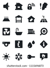 Set of vector isolated black icon - house vector, office building, estate search, key, bathroom, smart home, alcove, fan, wireless lock, web camera, snowflake, water, smoke detector, warm floor