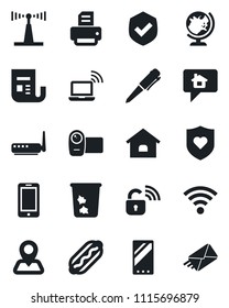 Set of vector isolated black icon - trash bin vector, wireless notebook, globe, mobile phone, pen, printer, heart shield, navigation, antenna, news, video camera, house, hot dog, lock, router, mail