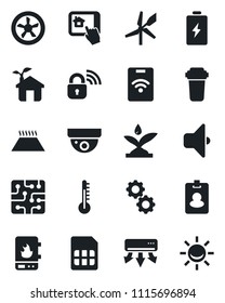 Set of vector isolated black icon - sim vector, chip, eco house, fan, wireless lock, irrigation, water heater, air conditioner, home control app, gear, filter, thermometer, warm floor, sound