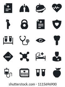 Set of vector isolated black icon - smoking place vector, heart pulse, diagnosis, stethoscope, blood test vial, dropper, shield, hospital bed, lungs, implant, eye, medical calendar, diet, doctor