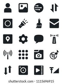 Set of vector isolated black icon - antenna vector, menu, message, mobile camera, gallery, settings, themes, user, mail, record, network, data exchange, torch, place tag, music, video, photo