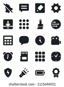 Set of vector isolated black icon - menu vector, message, protect, settings, themes, calculator, clock, alarm, sd, network, notes, download, torch, mute, video, battery, sertificate