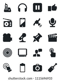 Set of vector isolated black icon - clapboard vector, vinyl, camera, microphone, radio, satellite, tv, video, cell phone, touch screen, speaker, headphones, finger up, paper pin, battery