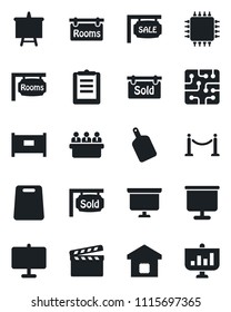 Set of vector isolated black icon - fence vector, presentation board, meeting, clipboard, clapboard, sale, rooms, sold signboard, smart home, cutting, chip