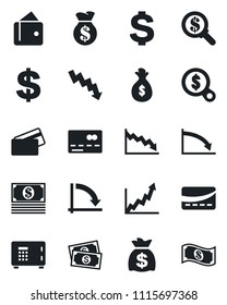 Set of vector isolated black icon - credit card vector, safe, dollar sign, money bag, crisis graph, cash, wallet, growth, search