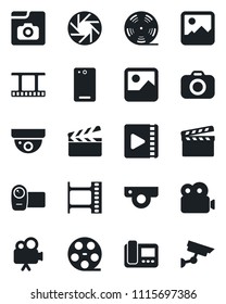 Set of vector isolated black icon - clapboard vector, film frame, reel, camera, video, phone back, mobile, gallery, photo, web, intercome, surveillance