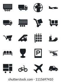 Set of vector isolated black icon - parking vector, waiting area, ladder car, plane, helicopter, seat map, wheelbarrow, bike, earth, sea shipping, truck trailer, delivery, consolidated cargo