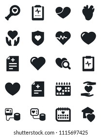 Set of vector isolated black icon - heart vector, pulse, diagnosis, blood pressure, diagnostic, shield, hand, real, medical calendar, clipboard, sweet home