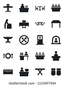 Set of vector isolated black icon - cafe vector, baby room, reception, medical, meeting, manager place, picnic table, desk, restaurant, reserved, salt and pepper