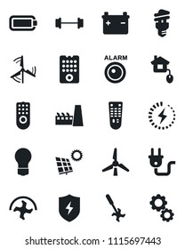 Set of vector isolated black icon - bulb vector, ripper, barbell, remote control, protect, battery, charge, sun panel, windmill, factory, home, power plug, energy saving, alarm led, gear