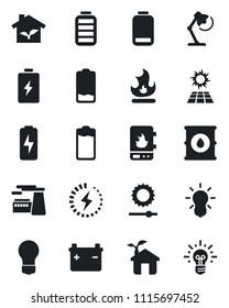 Set of vector isolated black icon - bulb vector, factory, fire, oil barrel, battery, low, brightness, charge, desk lamp, eco house, water heater, sun panel, idea