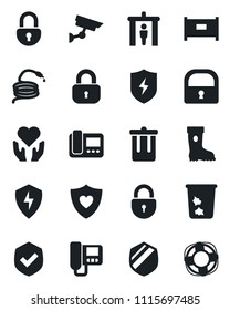 Set of vector isolated black icon - fence vector, security gate, trash bin, lock, boot, hose, heart shield, hand, protect, intercome, surveillance, crisis management