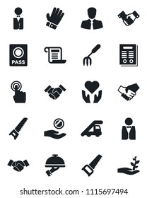 Set of vector isolated black icon - passport vector, ladder car, handshake, garden fork, glove, saw, heart hand, client, touch screen, contract, waiter, investment, palm sproute