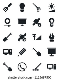 Set of vector isolated black icon - presentation board vector, bulb, job, garden fork, shovel, rake, satellite, brightness, cellular signal, ink pen, pencil, phone, pc