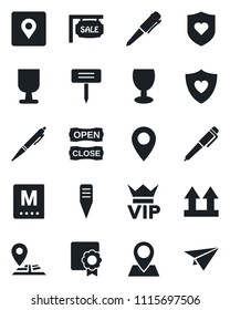Set of vector isolated black icon - vip vector, pen, plant label, heart shield, navigation, pin, fragile, up side sign, place tag, sertificate, sale, menu, open close, paper plane