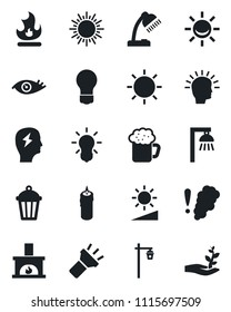 Set of vector isolated black icon - sun vector, brainstorm, bulb, fire, garden light, eye, torch, brightness, desk lamp, fireplace, beer, candle, smoke detector, outdoor, alarm led, shining head