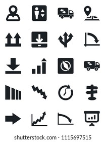 Set of vector isolated black icon - elevator vector, right arrow, growth statistic, crisis graph, route, signpost, navigation, up side sign, sorting, download, compass, moving, clock, presentation
