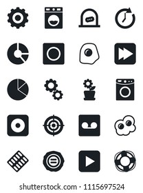 Set of vector isolated black icon - ticket office vector, gear, circle chart, stamp, pills blister, play button, fast forward, rec, record, pie graph, target, flower in pot, omelette, washer, clock