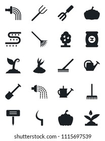 Set of vector isolated black icon - garden fork vector, shovel, farm, rake, watering can, sproute, sickle, plant label, pumpkin, fertilizer, drip irrigation, fruit tree