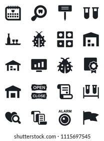 Set of vector isolated black icon - contract vector, statistic monitor, lady bug, plant label, blood test vial, heart diagnostic, medical calendar, warehouse, search cargo, application, sertificate