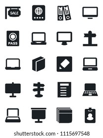 Set of vector isolated black icon - passport vector, office binder, notebook pc, document, signpost, monitor, laptop, notes, presentation board, blank box, sale, pass card
