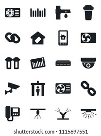 Set of vector isolated black icon - security gate vector, drip irrigation, barcode, chain, air conditioner, smart home, intercome, control app, water filter, surveillance, sprinkler
