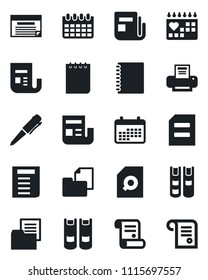 Set of vector isolated black icon - book vector, pen, notepad, document, calendar, contract, medical, folder, news, copybook, search, printer, schedule