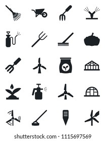 Set of vector isolated black icon - garden fork vector, farm, rake, wheelbarrow, hoe, plant label, pumpkin, greenhouse, sprayer, fertilizer, windmill, irrigation
