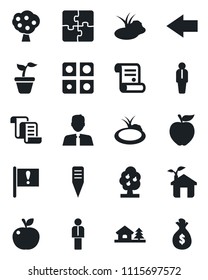 Set of vector isolated black icon - left arrow vector, manager, contract, seedling, plant label, pond, important flag, application, house with tree, fruit, estate agent, apple, eco, money bag