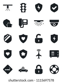 Set of vector isolated black icon - plane radar vector, smoking place, alarm car, safe, heart shield, traffic light, protect, lock, intercome, home, surveillance, sprinkler, crisis management