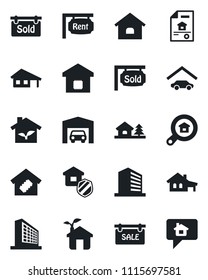 Set of vector isolated black icon - office building vector, house, with garage, tree, estate document, sale, rent, sold signboard, search, smart home, insurance, eco, message