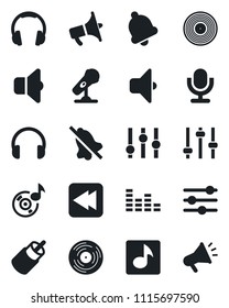 Set of vector isolated black icon - vinyl vector, microphone, loudspeaker, settings, equalizer, headphones, rewind, rca, tuning, bell, mute, music, sound, advertising