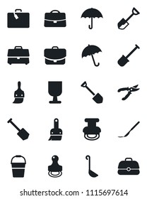 Set of vector isolated black icon - suitcase vector, umbrella, job, shovel, bucket, pruner, scalpel, fragile, themes, case, stamp, ladle