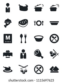 Set of vector isolated black icon - spoon and fork vector, waiter, restaurant table, cafe, menu, chicken, steak, ham, bowl, steaming pan, sushi, serviette