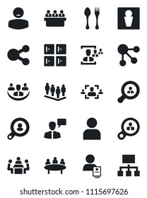 Set of vector isolated black icon - spoon and fork vector, male, checkroom, speaking man, team, meeting, patient, user, company, hr, client search, consumer, social media, hierarchy