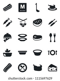 Set of vector isolated black icon - spoon and fork vector, cafe, menu, salad, plates, bacon, waiter, chicken, steak, kebab, ladle, bowl, sushi, cheese