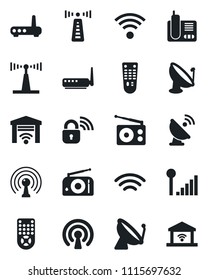 Set of vector isolated black icon - antenna vector, satellite, radio, remote control, phone, wireless, cellular signal, lock, router, garage gate
