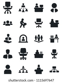 Set of vector isolated black icon - reception vector, manager place, client, user, office chair, desk, hierarchy, company, estate agent, group