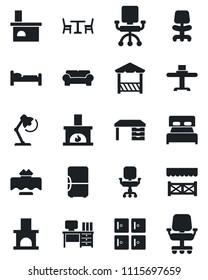 Set of vector isolated black icon - cafe vector, bed, checkroom, office chair, desk, fireplace, lamp, bedroom, cushioned furniture, restaurant table, alcove, fridge