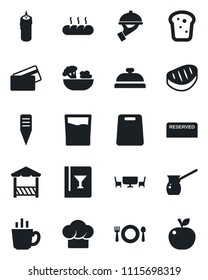 Set of vector isolated black icon - plant label vector, cafe, cook hat, wine card, reserved, reception, drink, coffee, salad, waiter, bread, candle, table, alcove, credit, steak, cutting board