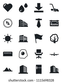 Set of vector isolated black icon - plane vector, office building, tree, lawn mower, sun, heart, download, compass, chair, mountains, rooms, reserved, omelette, water, fridge, flag, tie