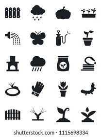 Set of vector isolated black icon - flower in pot vector, seedling, watering, sproute, glove, butterfly, rain, hose, pumpkin, fireplace, caterpillar, pond, garden sprayer, fertilizer, fence