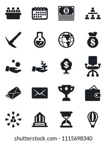 Set of vector isolated black icon - hierarchy vector, meeting, palm sproute, wallet, money bag, earth, office chair, investment, calendar, flask, cash, mail, award cup, tree, building, hard work
