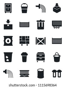 Set of vector isolated black icon - trash bin vector, bucket, watering, railroad, truck trailer, cargo container, consolidated, package, oil barrel, archive box, water filter