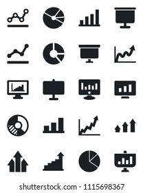 Set of vector isolated black icon - growth statistic vector, presentation board, monitor, circle chart, statistics, bar graph, pie, point, arrow up