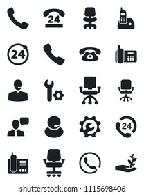 Set of vector isolated black icon - 24 around vector, office chair, phone, hours, support, speaker, radio, call, root setup, palm sproute
